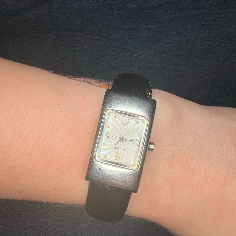 Vintage Geneva Silver and Black Rectangular Cuff Watch